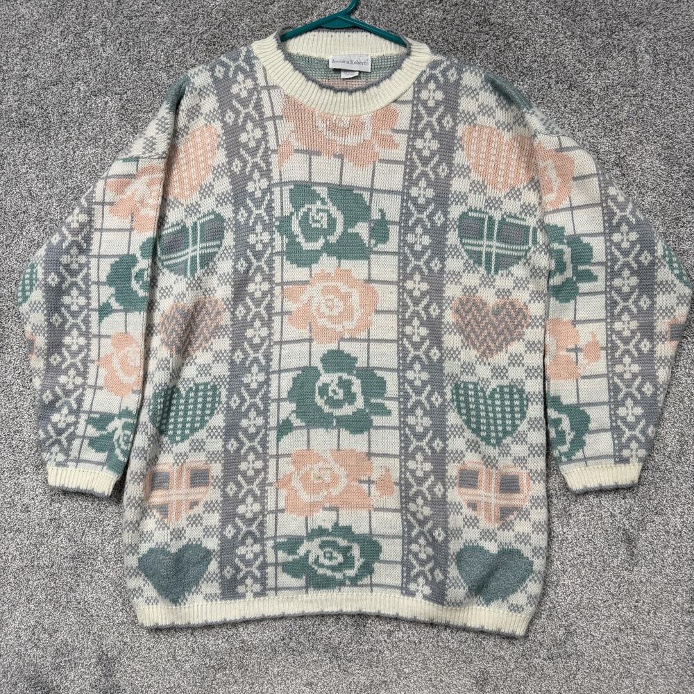 Vintage Jessica Roberts Sweater 2X Pastel Hearts Roses 80s Cottagecore Valentine